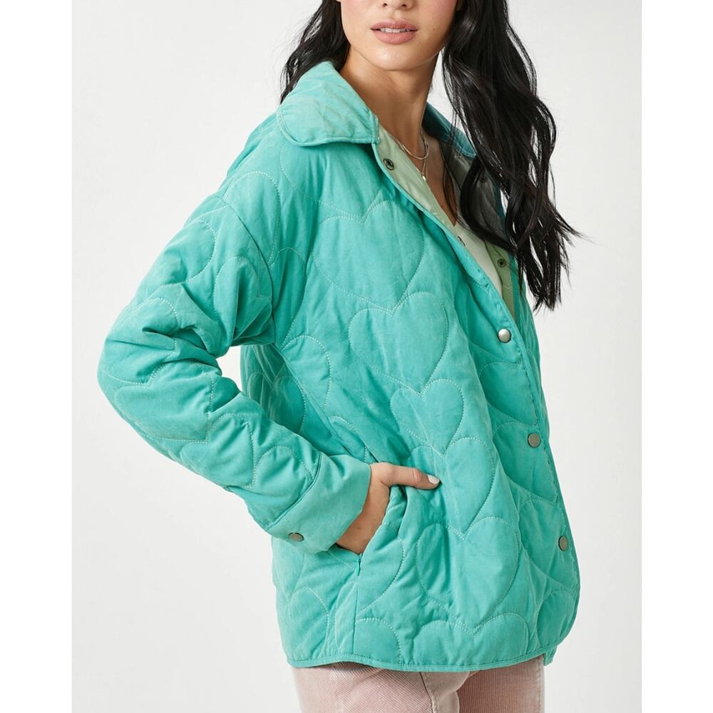 Mystree Jade Green Quilted Heart Jacket Shacket Snap Front Size Large